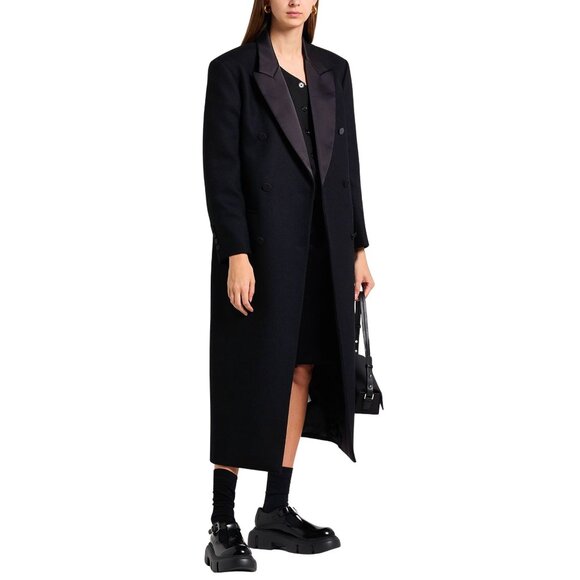SANDRO Tuxedo Double Breated Black Satin Wool Coat $790 NWT Sz 36 - Picture 3 of 9